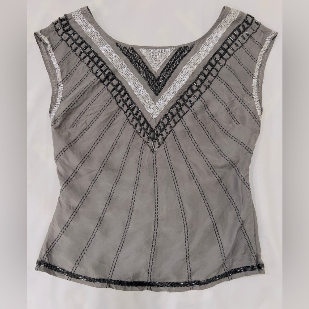 H&M Silk Gray Top with Black and Silver Beading Embroidered Accents Medium